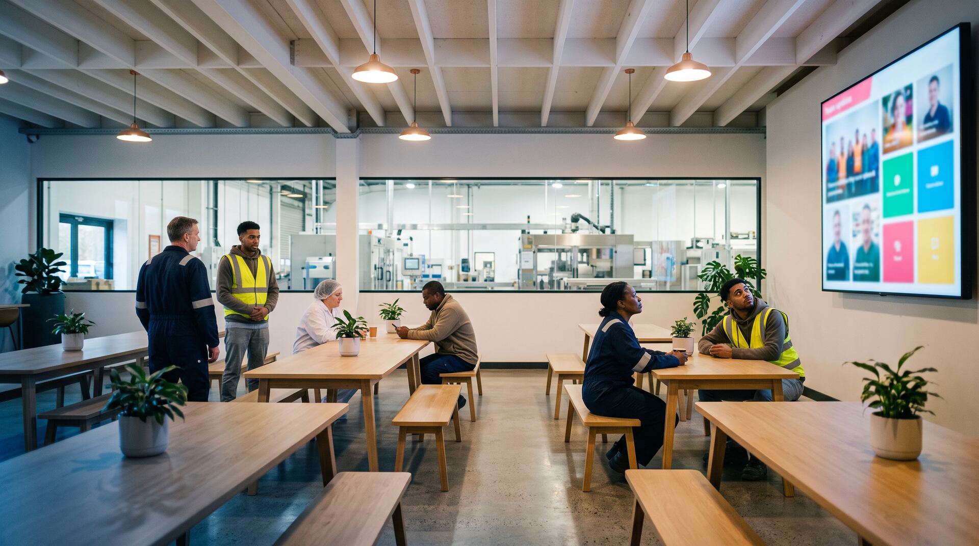 Factory staff on a break in a bright canteen, two of them looking up at a wall screen showing a team update
